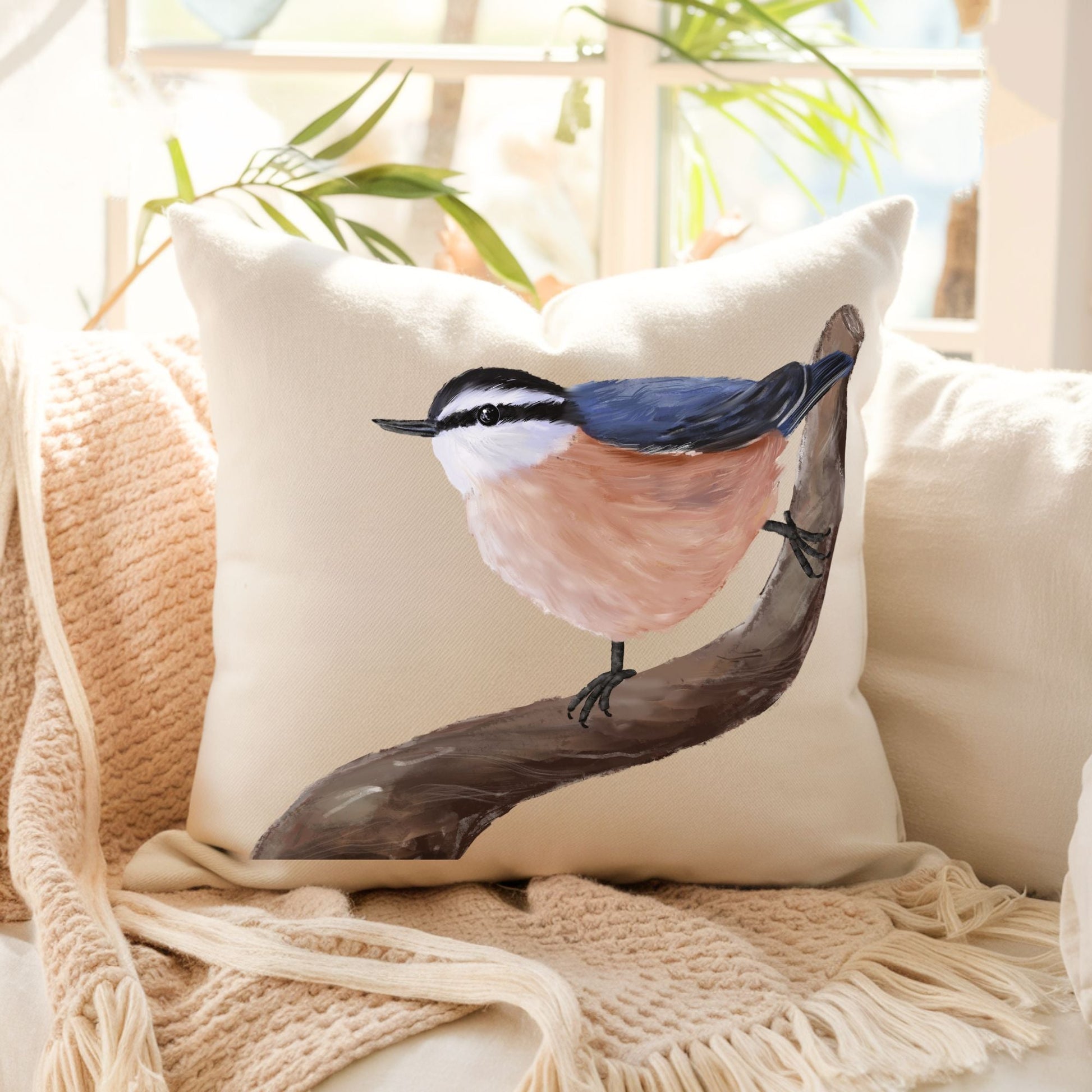 Red Breasted Nuthatch Decorative Pillow - MerikaArt