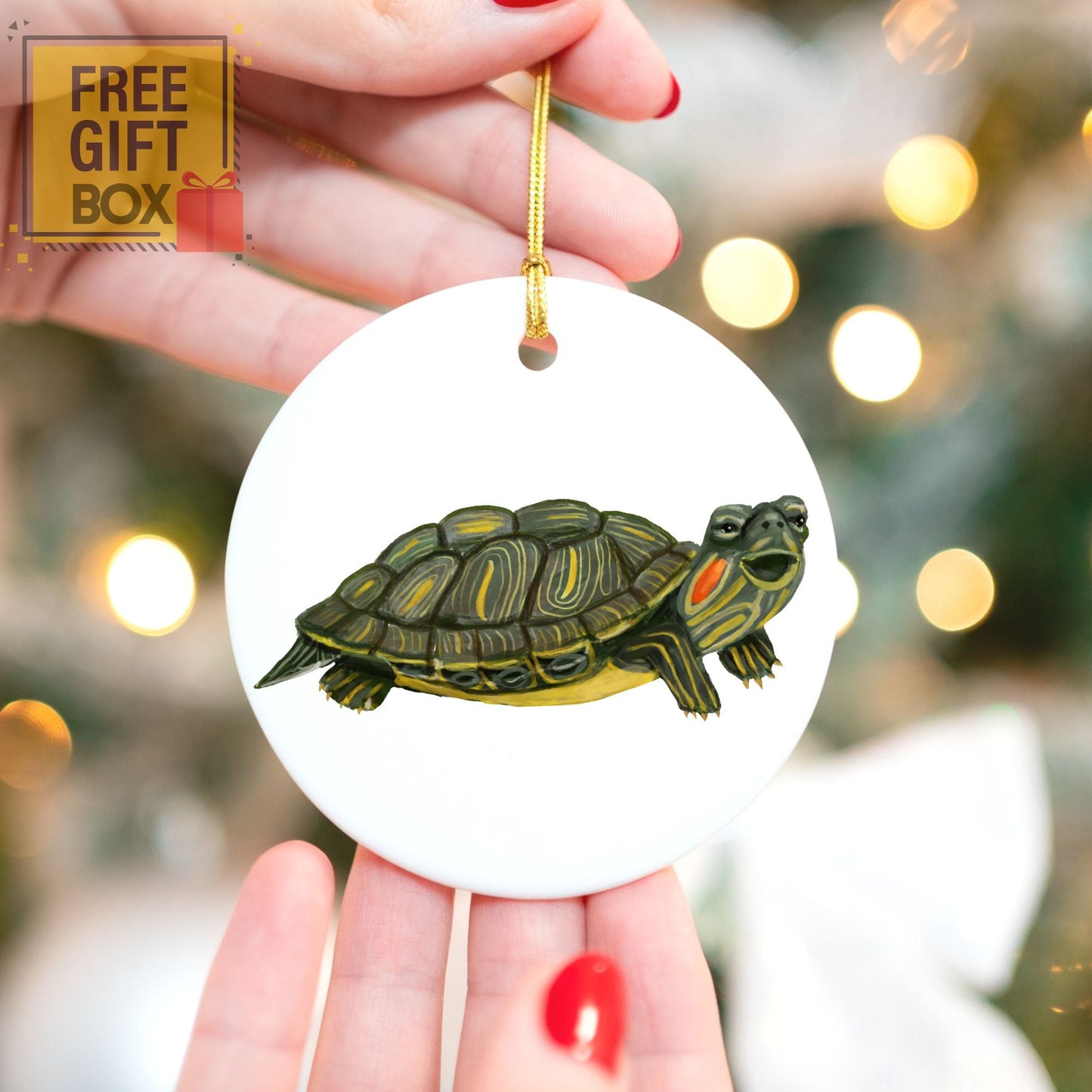 Red - Eared Slider Turtle Christmas Ornament - MerikaArt