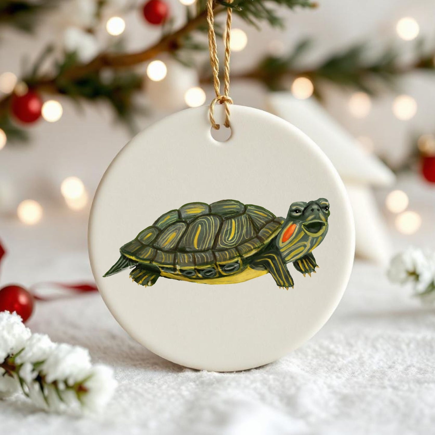 Red - Eared Slider Turtle Christmas Ornament - MerikaArt