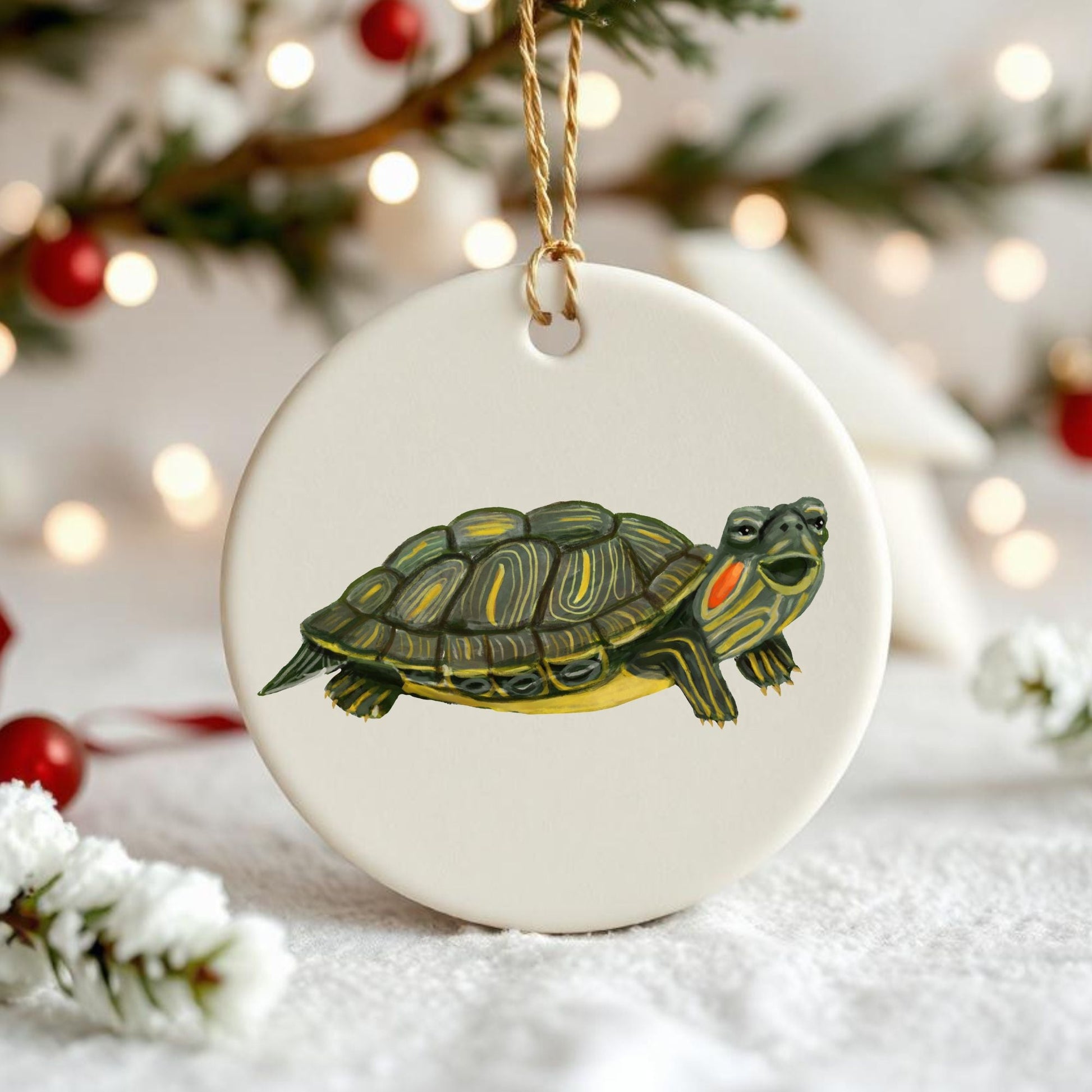 Red - Eared Slider Turtle Christmas Ornament - MerikaArt