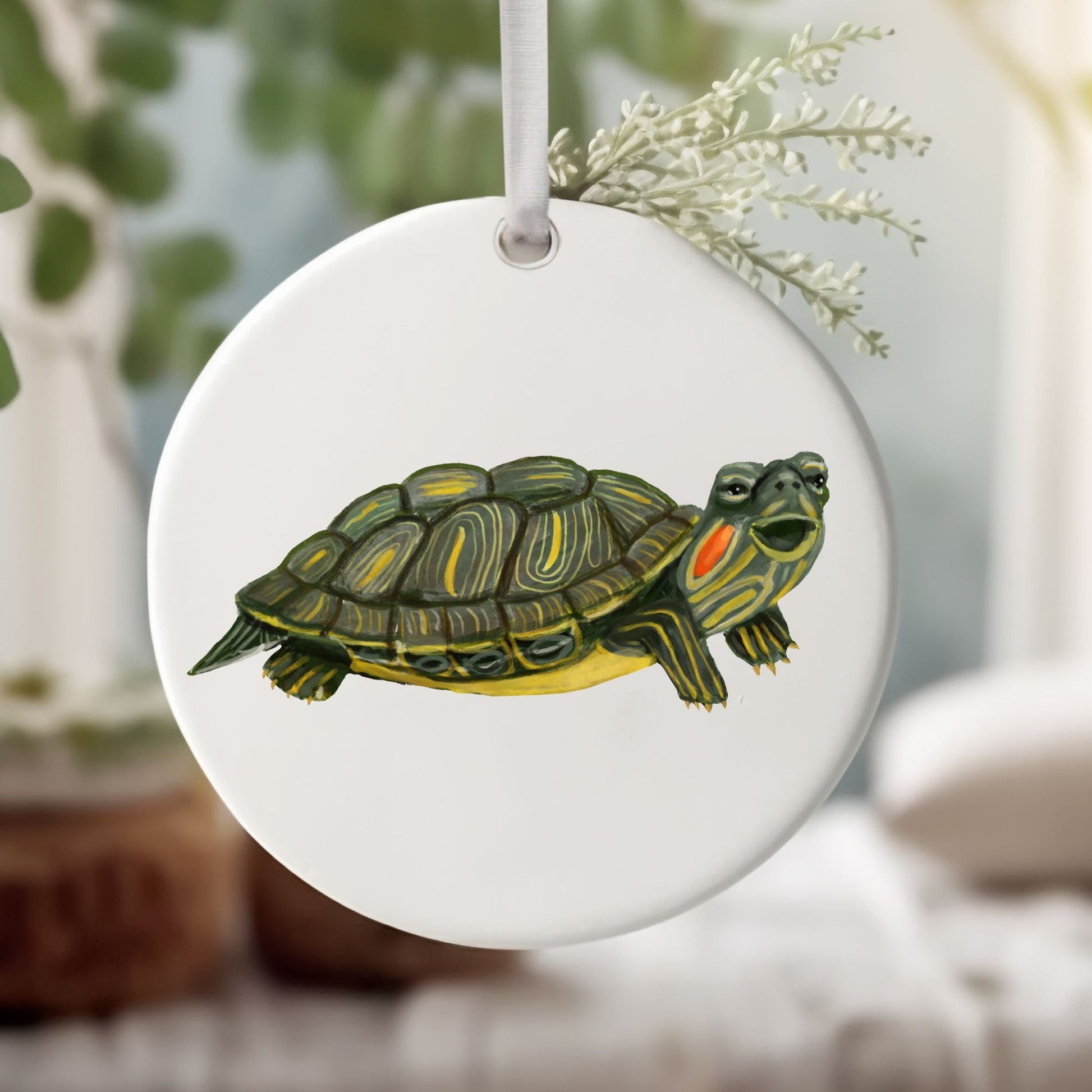 Red - Eared Slider Turtle Christmas Ornament - MerikaArt