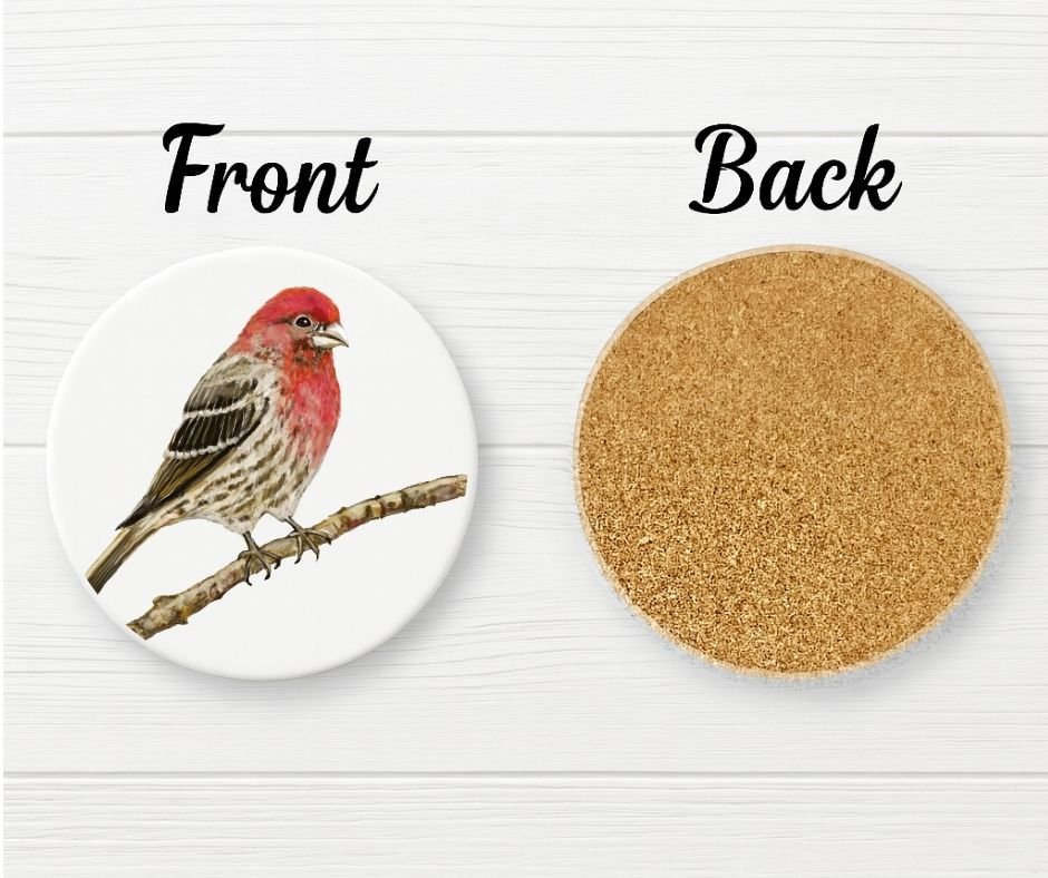 Red Finch on Branch Ceramic Coaster - MerikaArt