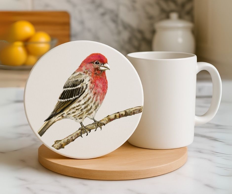 Red Finch on Branch Ceramic Coaster - MerikaArt