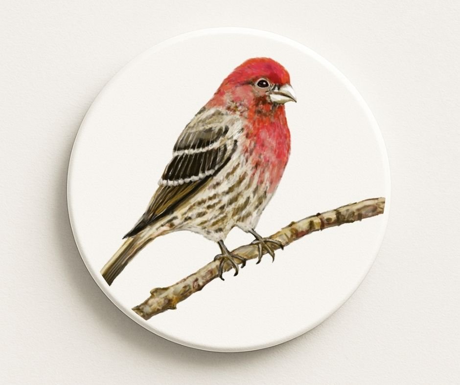 Red Finch on Branch Ceramic Coaster - MerikaArt