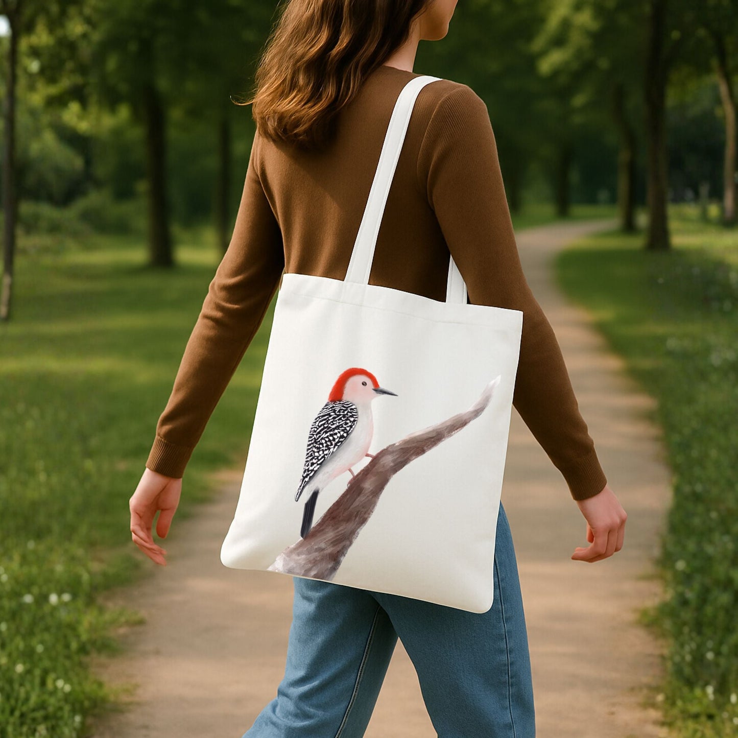 Red - Headed Woodpecker Canvas Tote Bag - MerikaArt