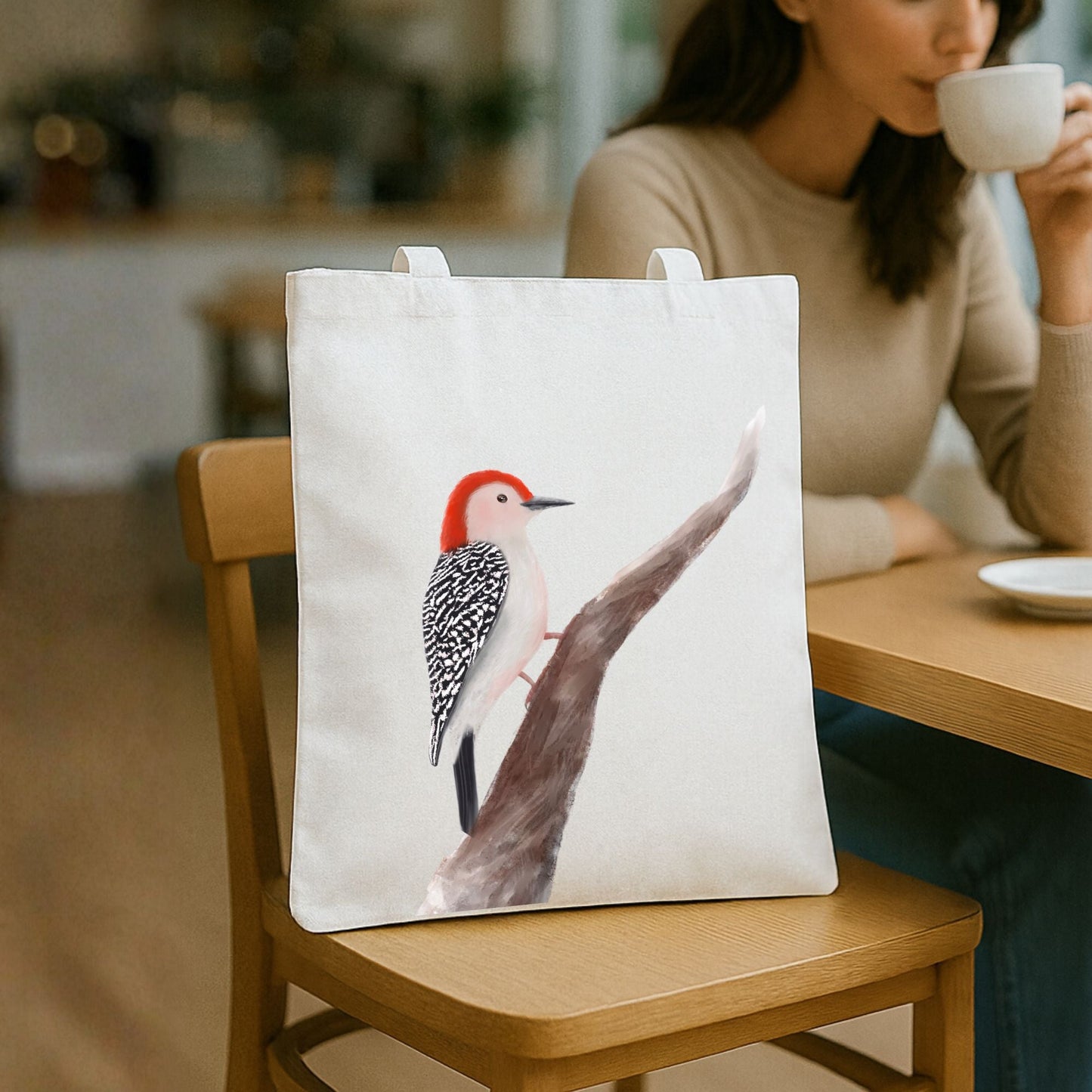 Red - Headed Woodpecker Canvas Tote Bag - MerikaArt