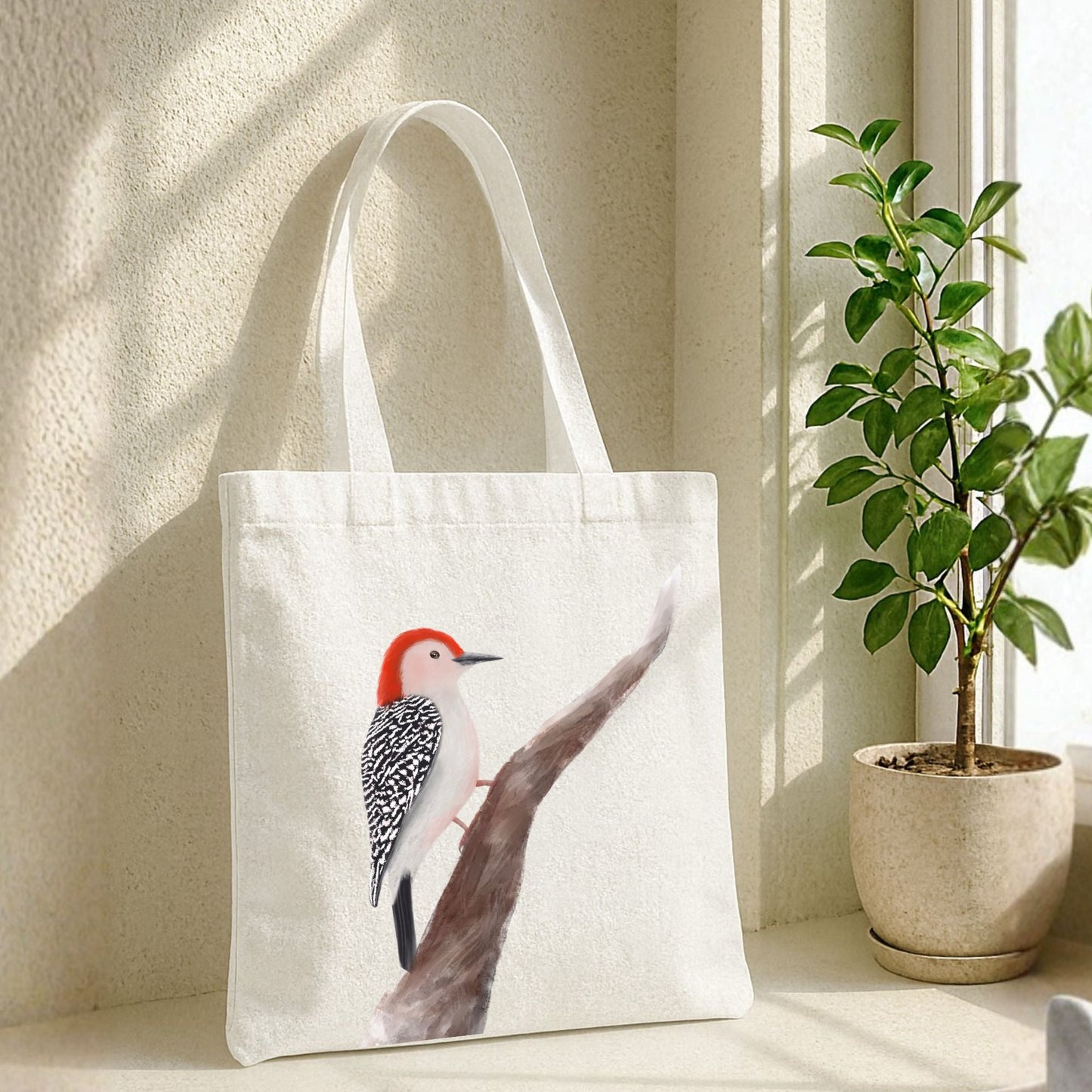 Red - Headed Woodpecker Canvas Tote Bag - MerikaArt