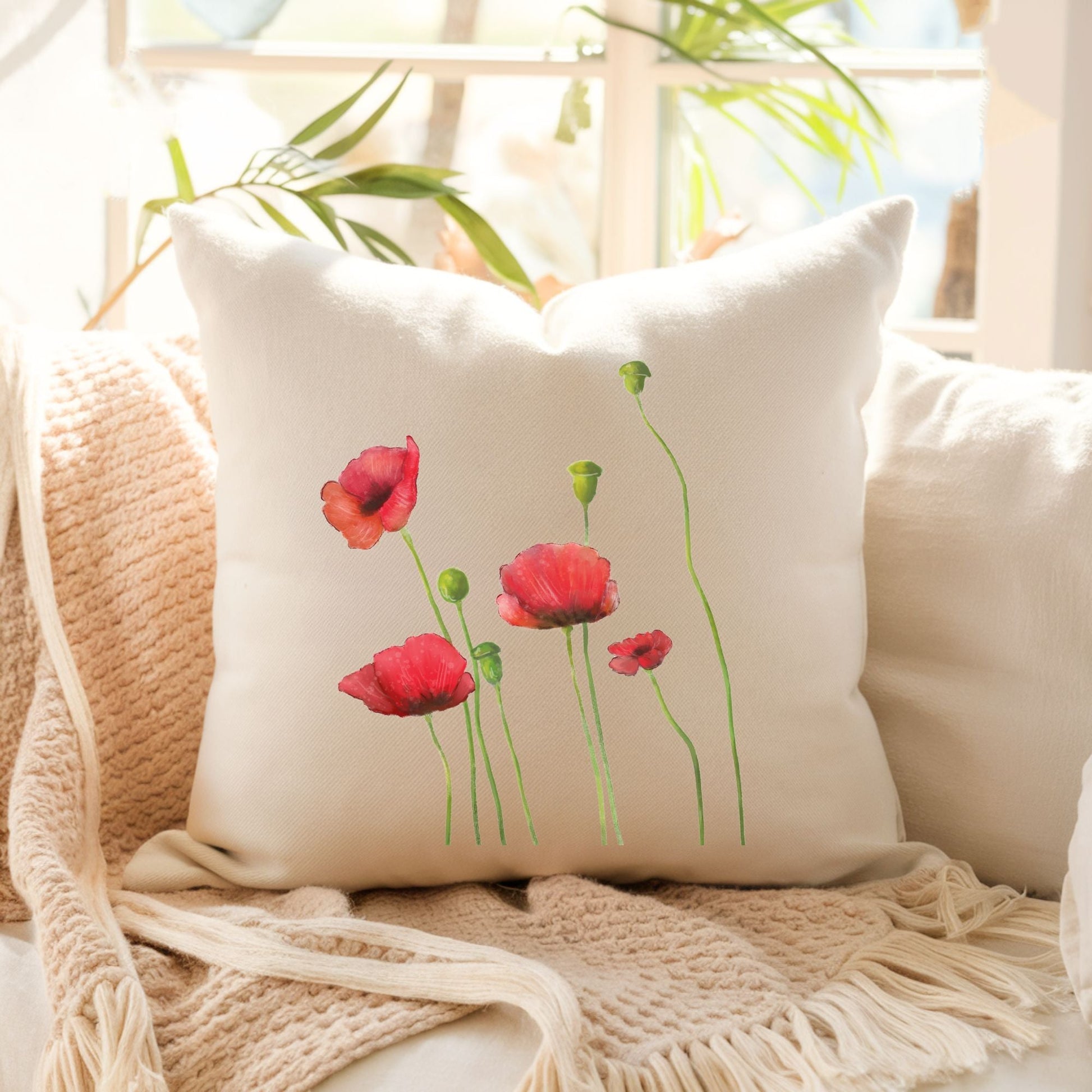 Red Poppies Pillow - MerikaArt