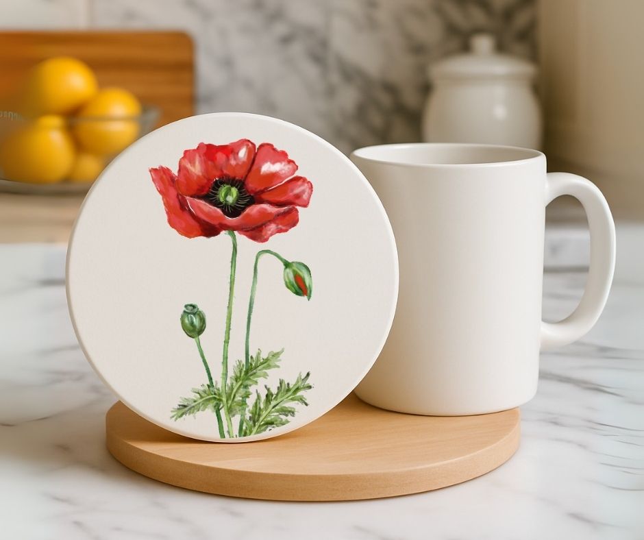 Red Poppy Ceramic Coaster - MerikaArt