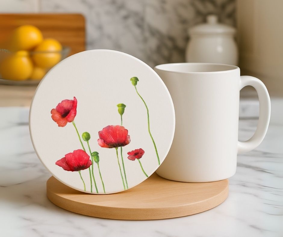 Red Poppy Flower Ceramic Coaster - MerikaArt