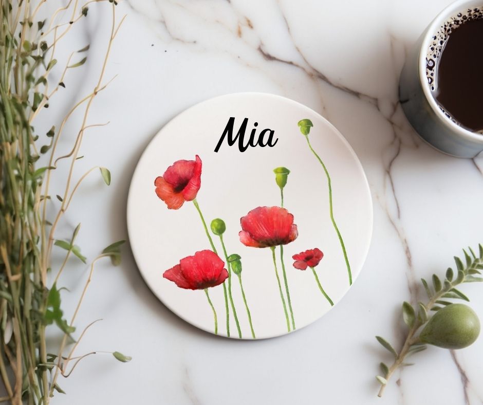Red Poppy Flower Ceramic Coaster - MerikaArt