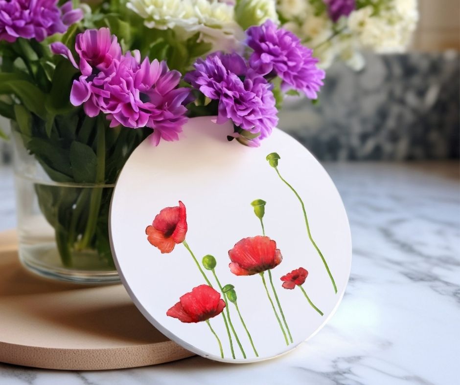 Red Poppy Flower Ceramic Coaster - MerikaArt