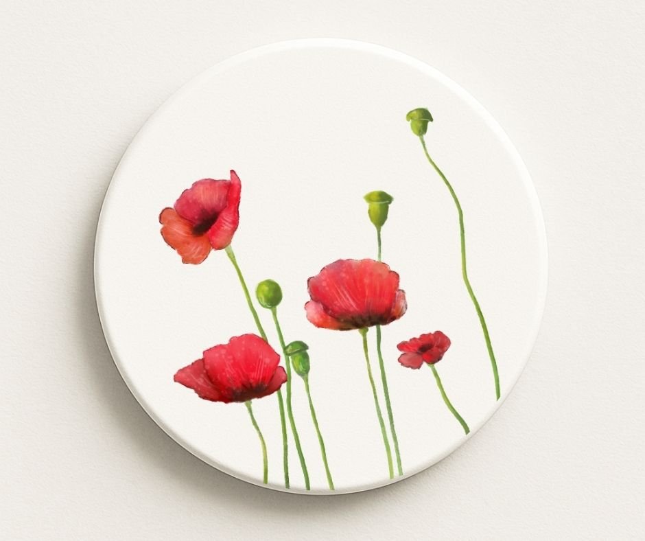 Red Poppy Flower Ceramic Coaster - MerikaArt