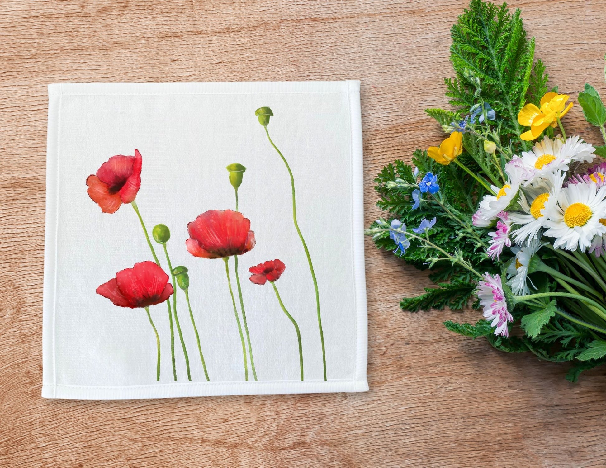 Red Poppy Flower Washcloth - MerikaArt
