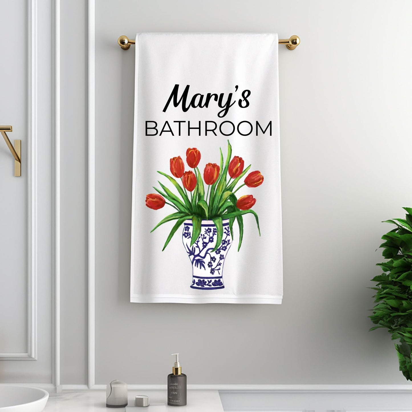 Red Tulips in Blue Vase Bathroom Towel - MerikaArt
