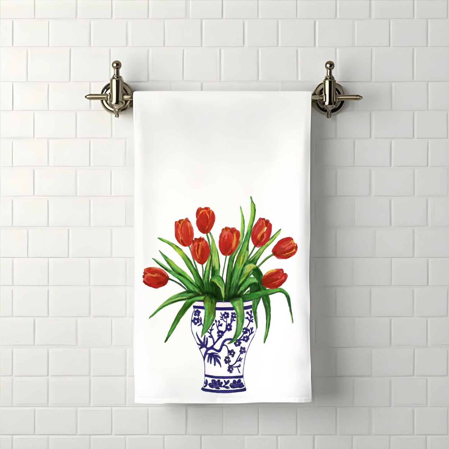 Red Tulips in Blue Vase Bathroom Towel - MerikaArt