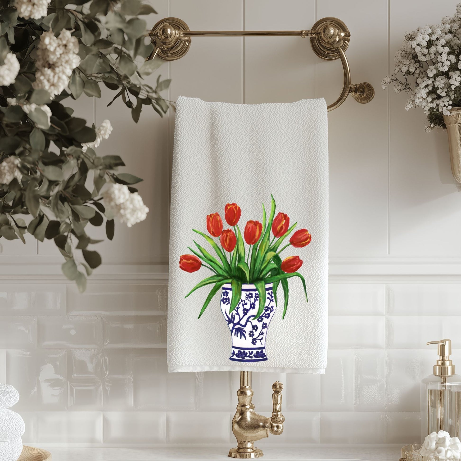 Red Tulips in Blue Vase Bathroom Towel - MerikaArt