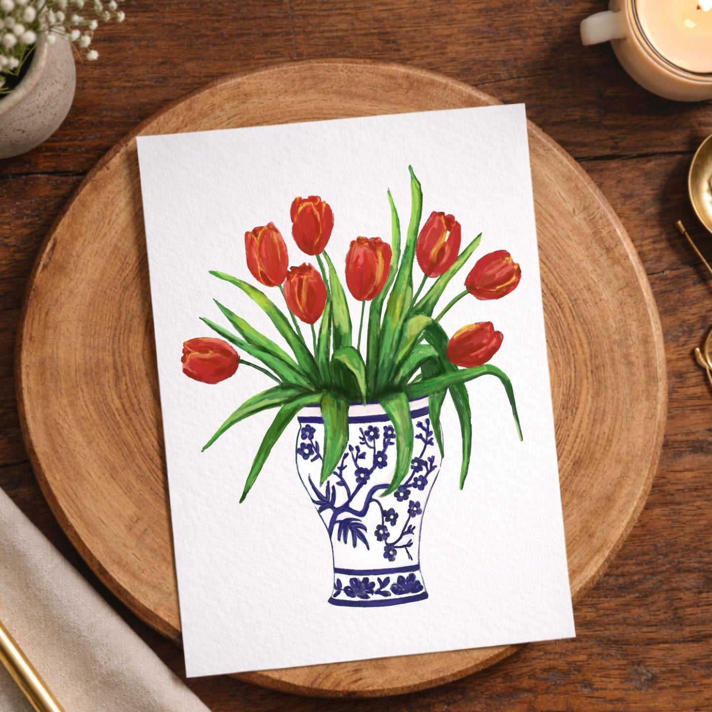 Red Tulips in Blue Vase Postcard - MerikaArt
