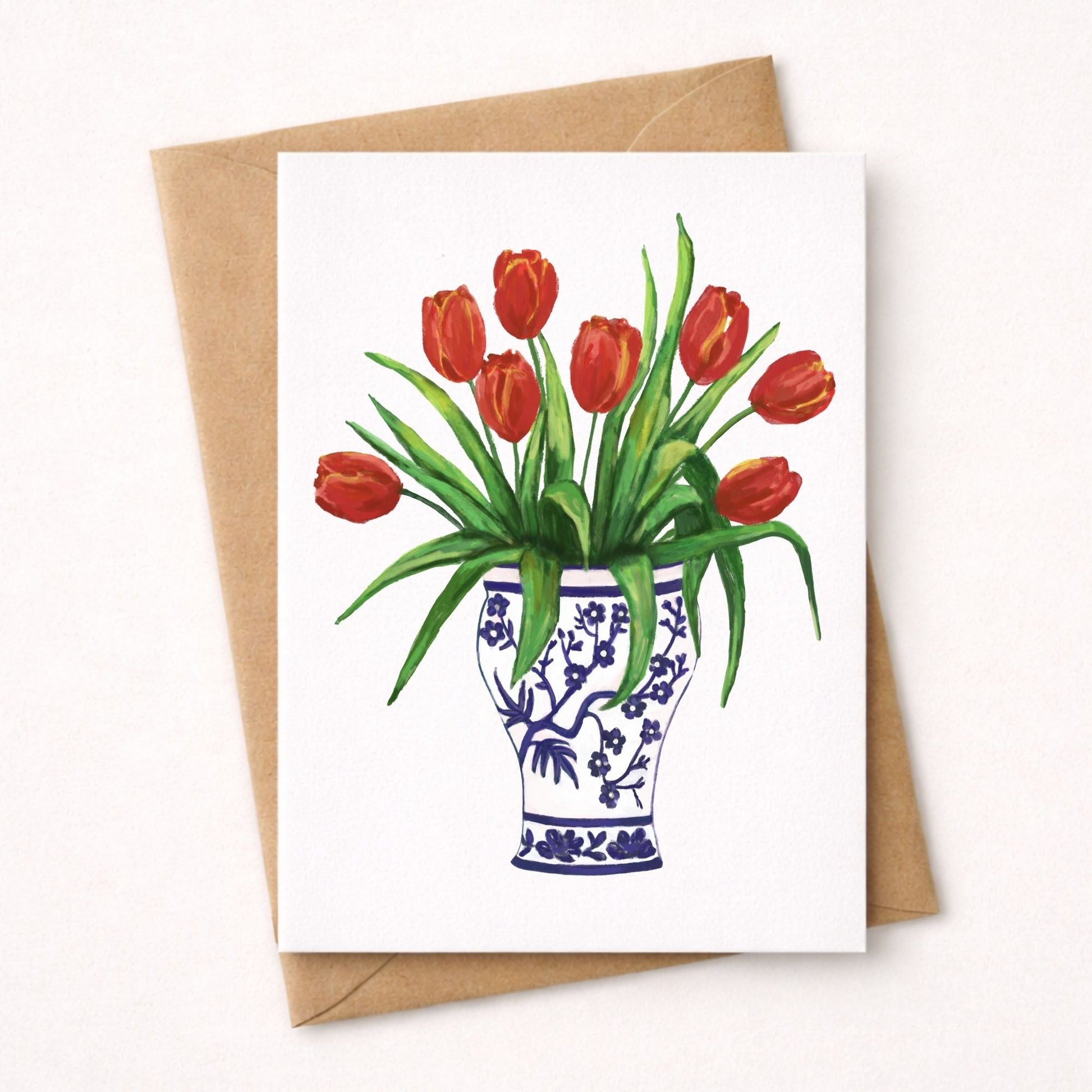 Red Tulips in Blue Vase Postcard - MerikaArt