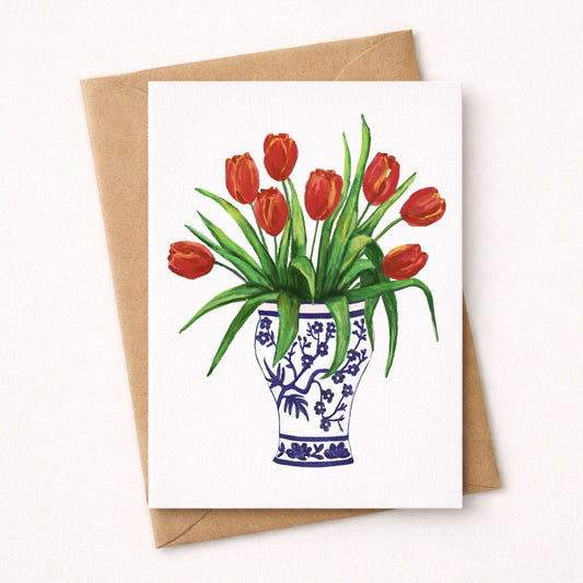Red Tulips in Blue Vase Postcard - MerikaArt