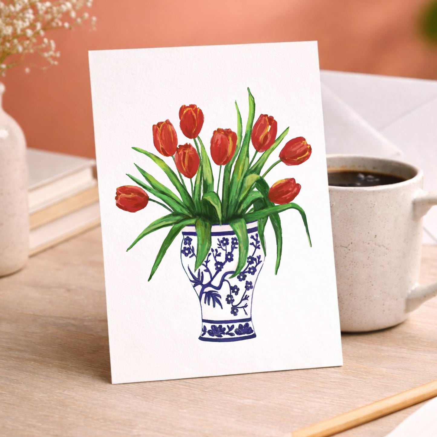 Red Tulips in Blue Vase Postcard - MerikaArt