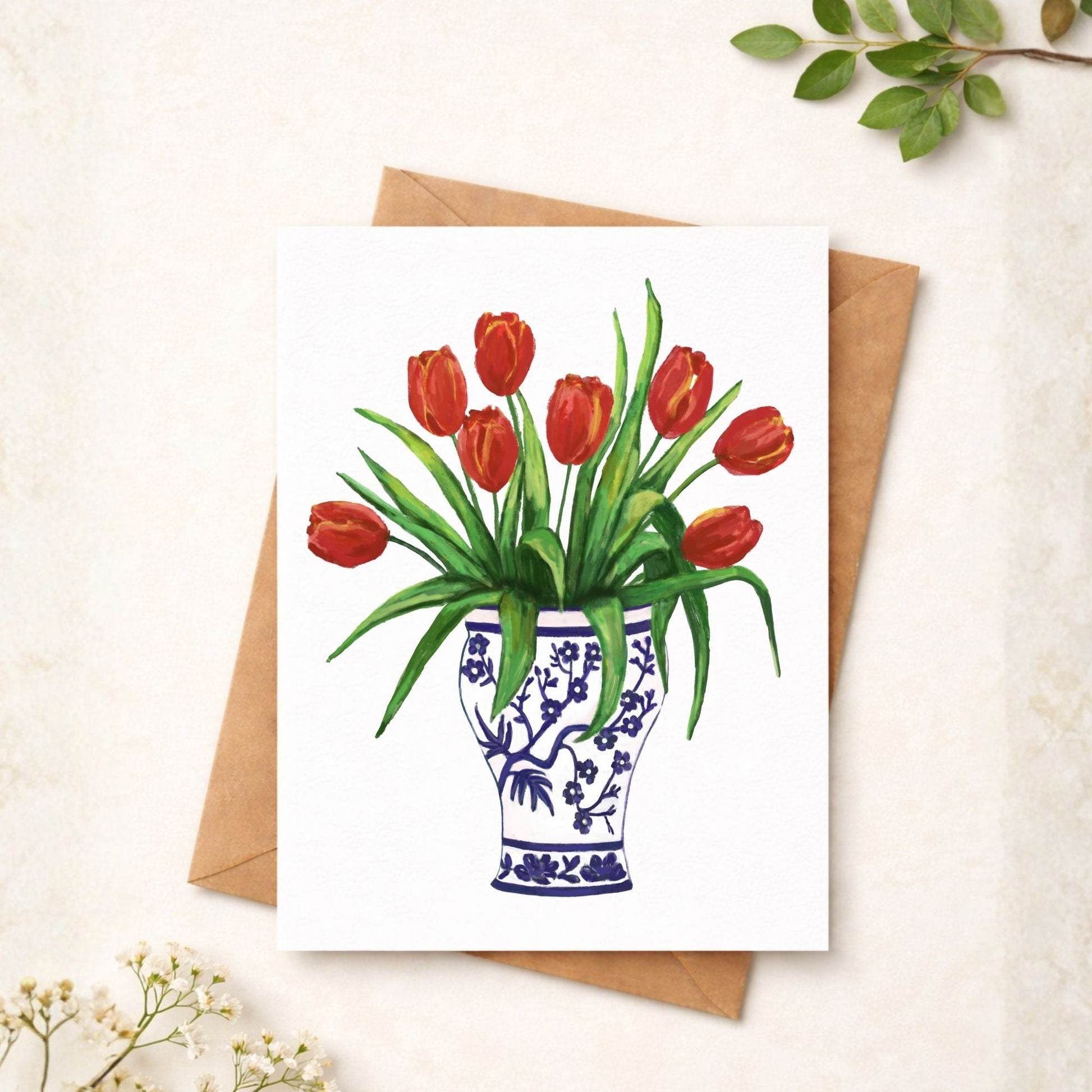 Red Tulips in Blue Vase Postcard - MerikaArt