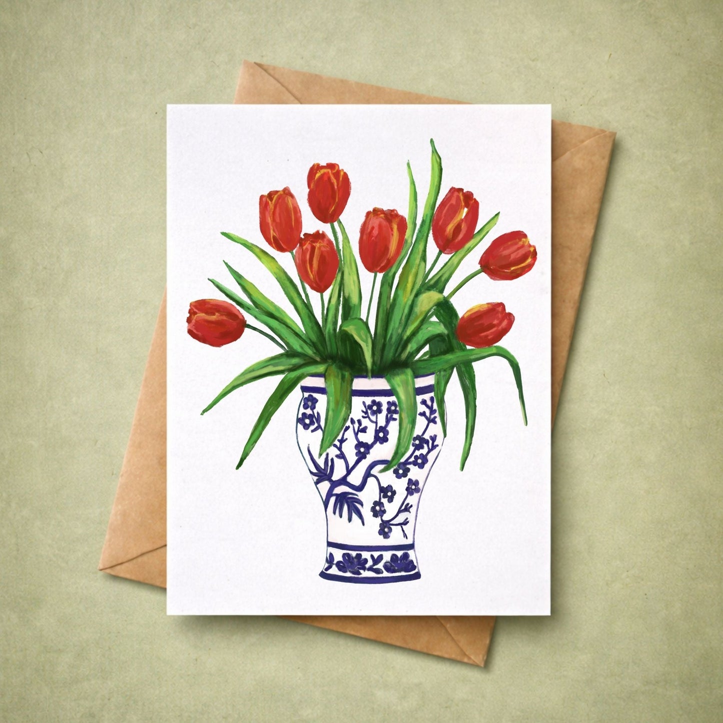 Red Tulips in Blue Vase Postcard - MerikaArt