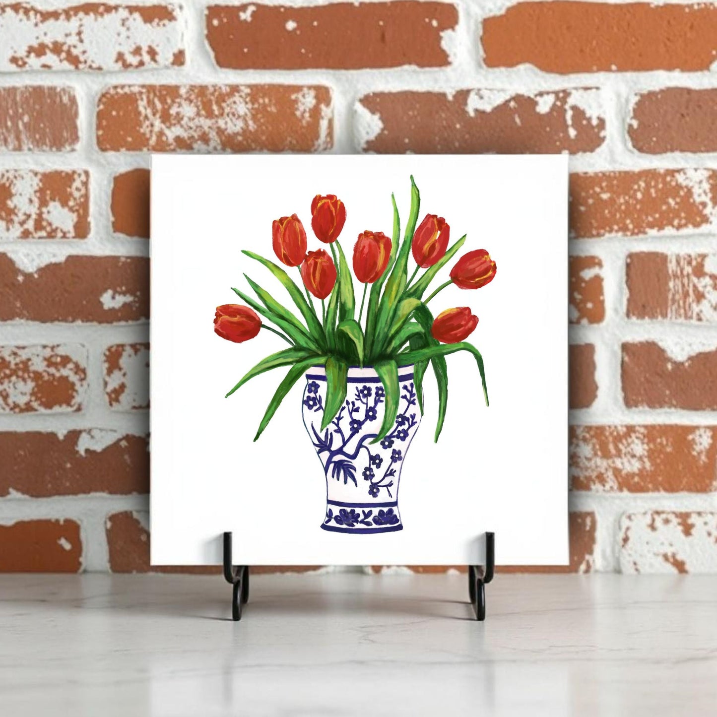 Red Tulips in Delft Vase Ceramic Tile - MerikaArt