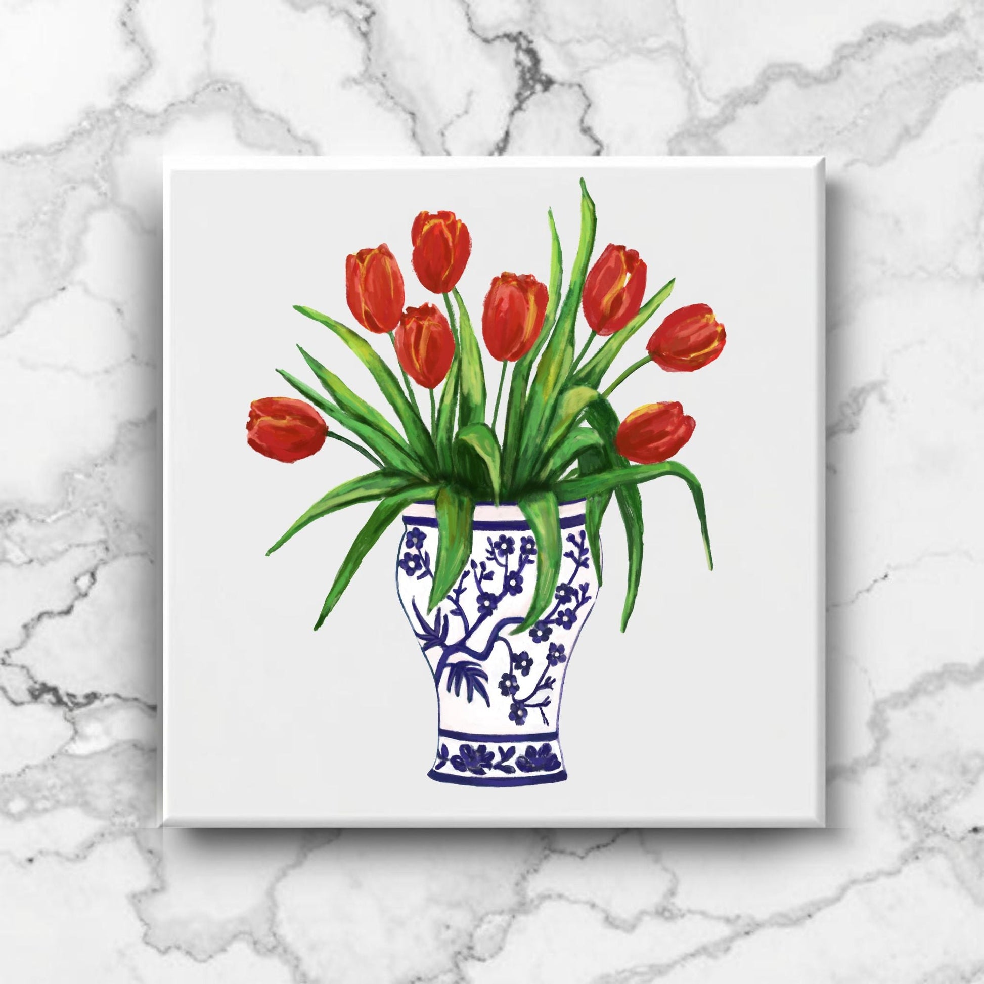 Red Tulips in Delft Vase Ceramic Tile - MerikaArt