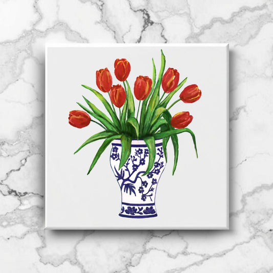 Red Tulips in Delft Vase Ceramic Tile - MerikaArt