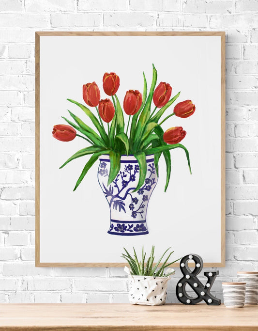 Red Tulips in Vase Art Print, Red Flower Wall Art, Blue and White Planter, Tulip Painting, Flower Illustration, Farmhouse Decor - MerikaArt