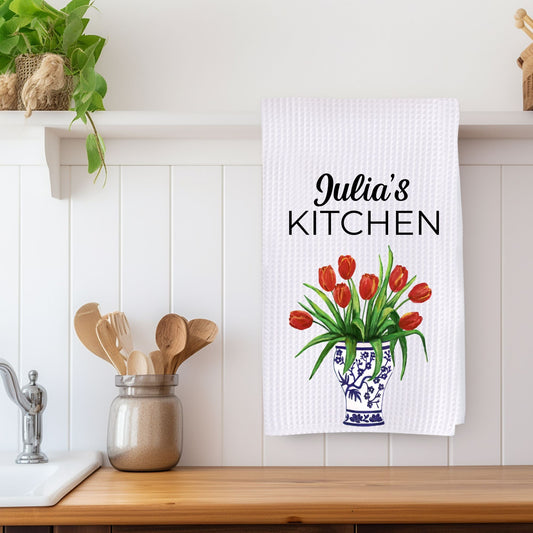 Red Tulips in Vase Kitchen Towel - MerikaArt