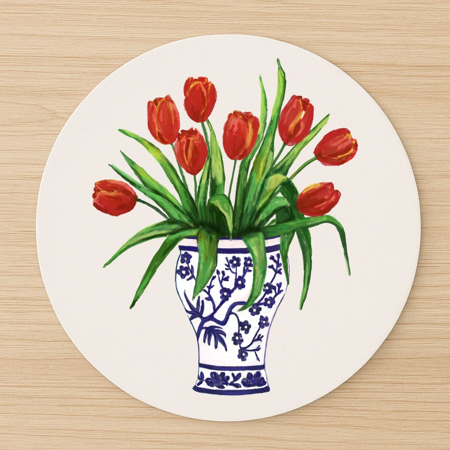 Red Tulips in Vase Vinyl Mousepad - MerikaArt