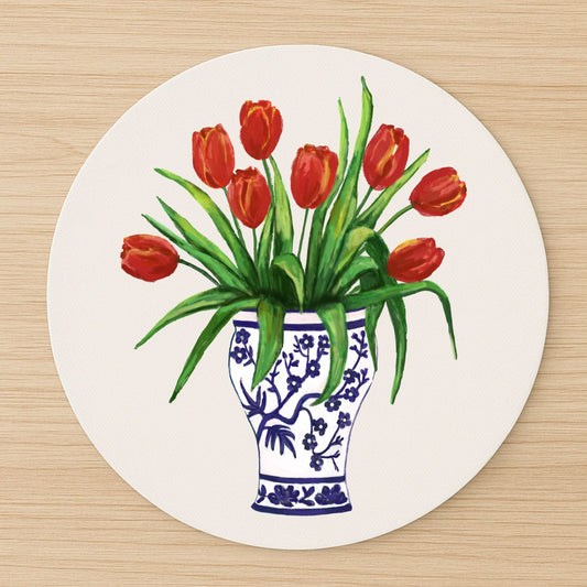 Red Tulips in Vase Vinyl Mousepad - MerikaArt
