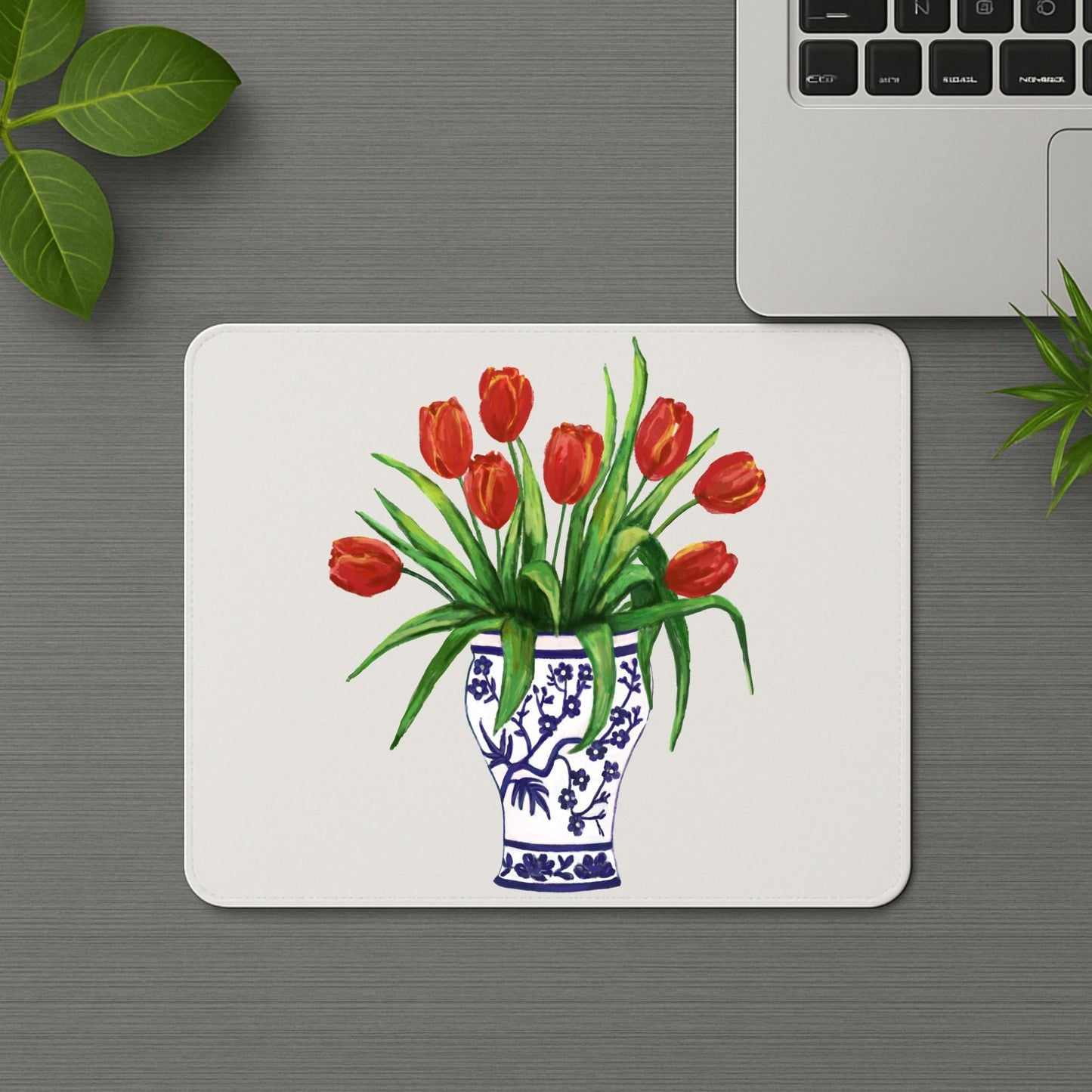 Red Tulips in Vase Vinyl Mousepad - MerikaArt