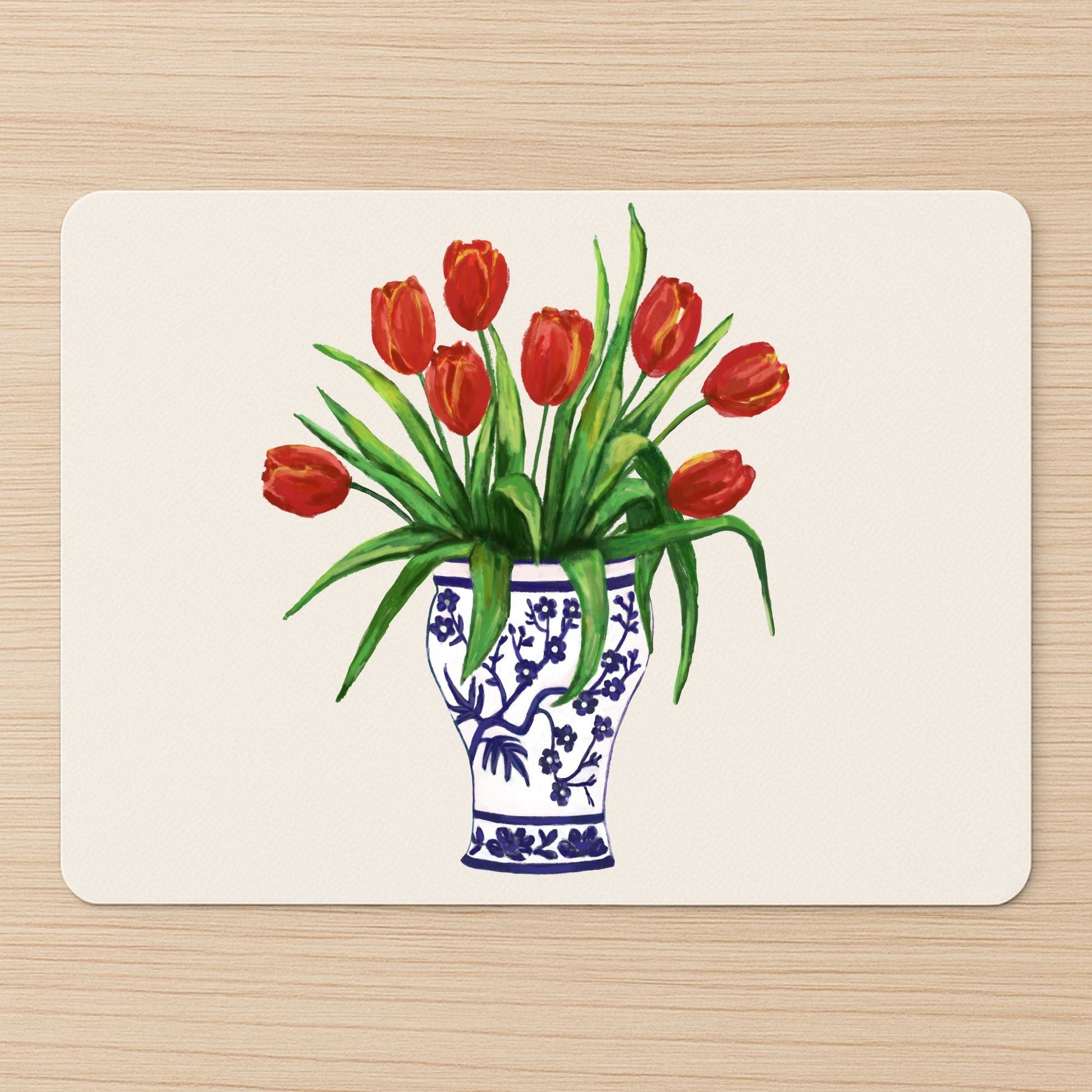 Red Tulips in Vase Vinyl Mousepad - MerikaArt