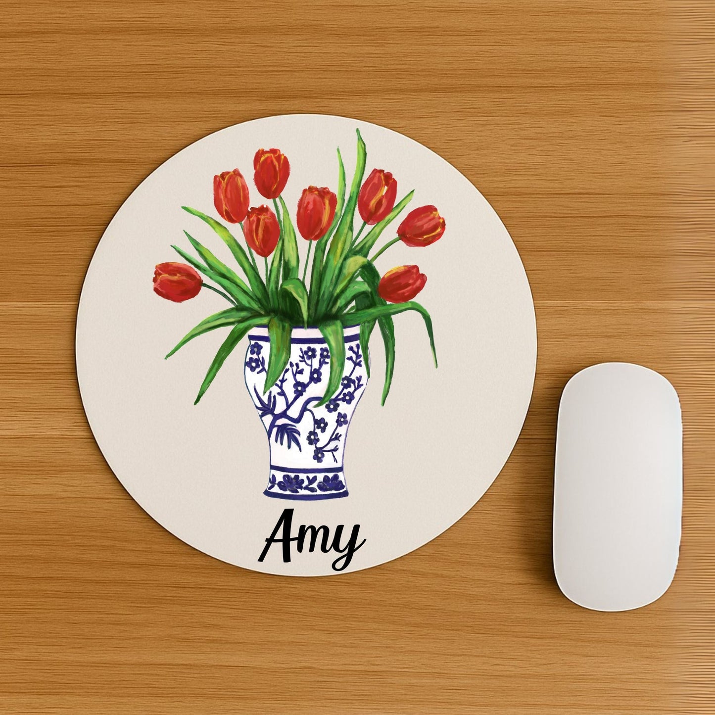 Red Tulips in Vase Vinyl Mousepad - MerikaArt