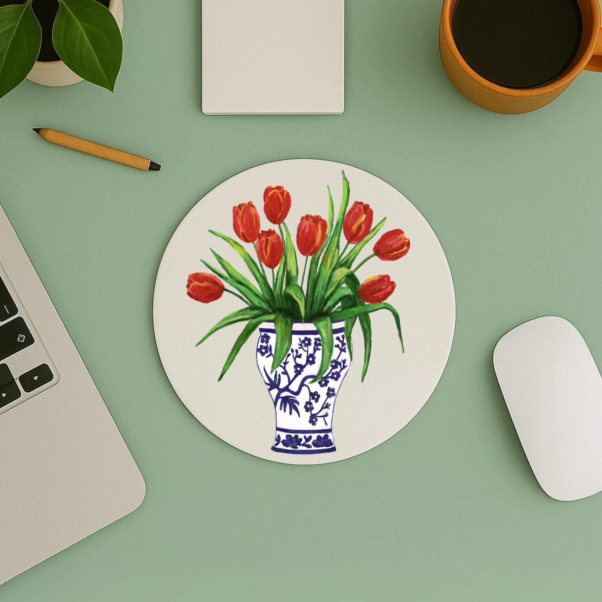 Red Tulips in Vase Vinyl Mousepad - MerikaArt