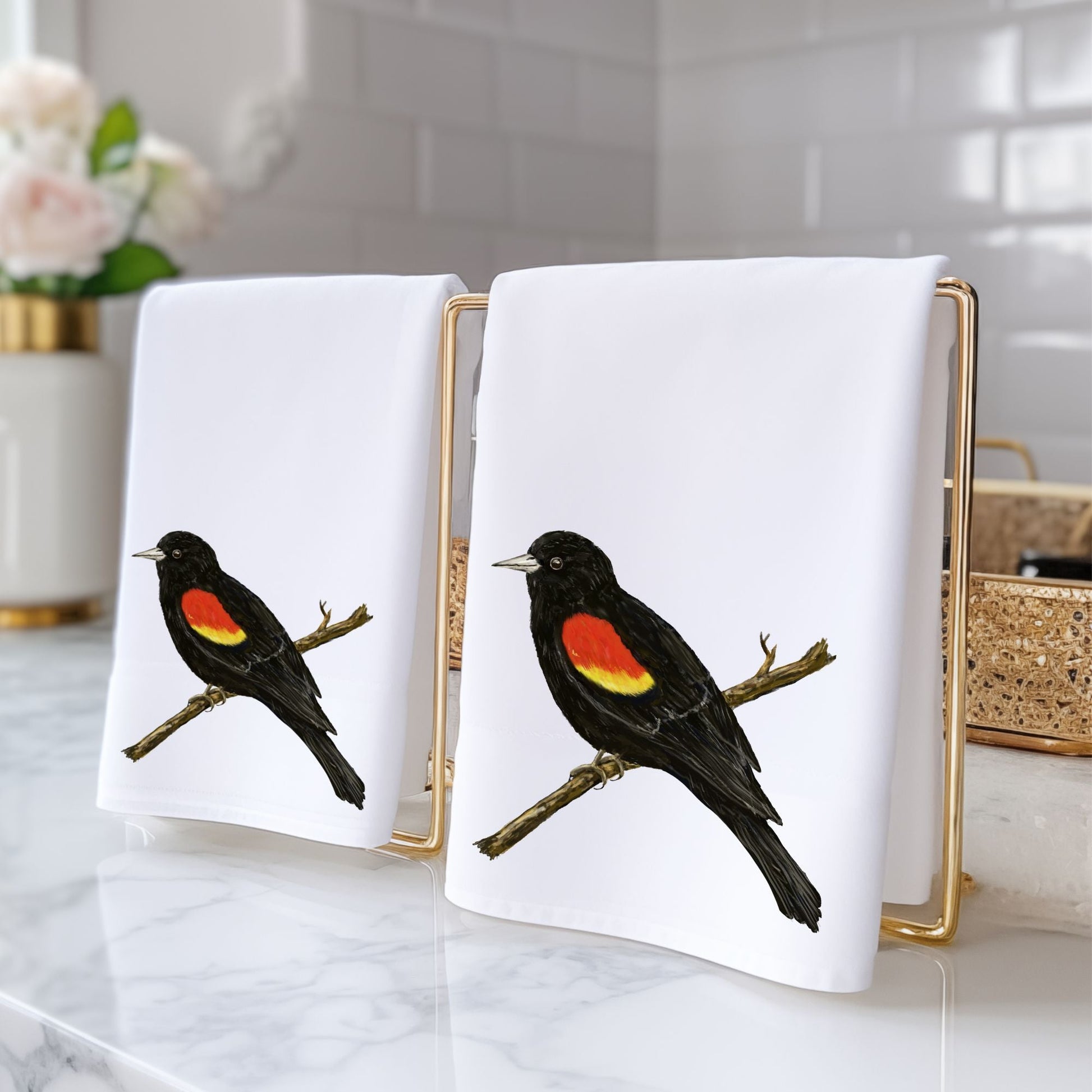 Red - Winged Blackbird Bathroom Towel - MerikaArt