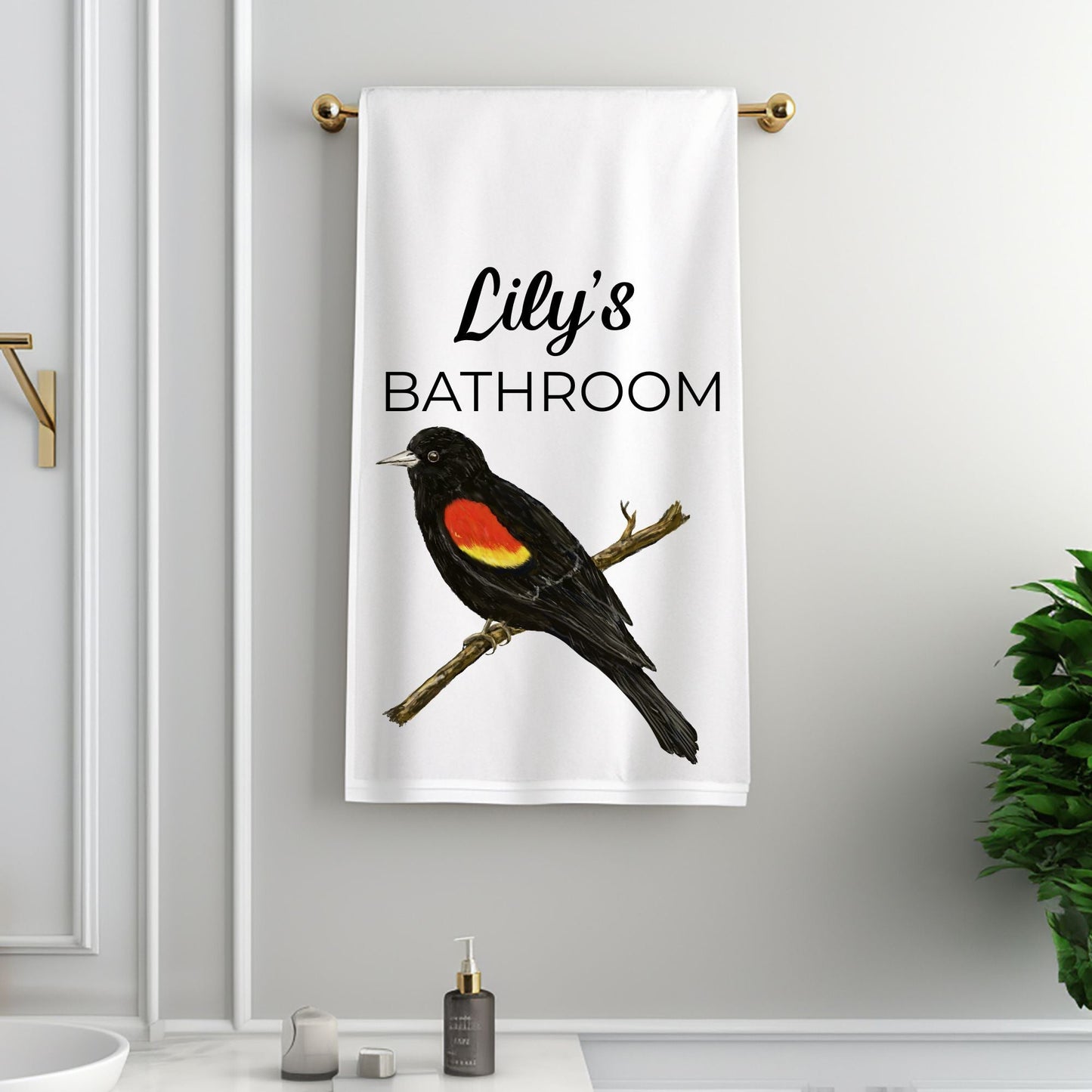 Red - Winged Blackbird Bathroom Towel - MerikaArt
