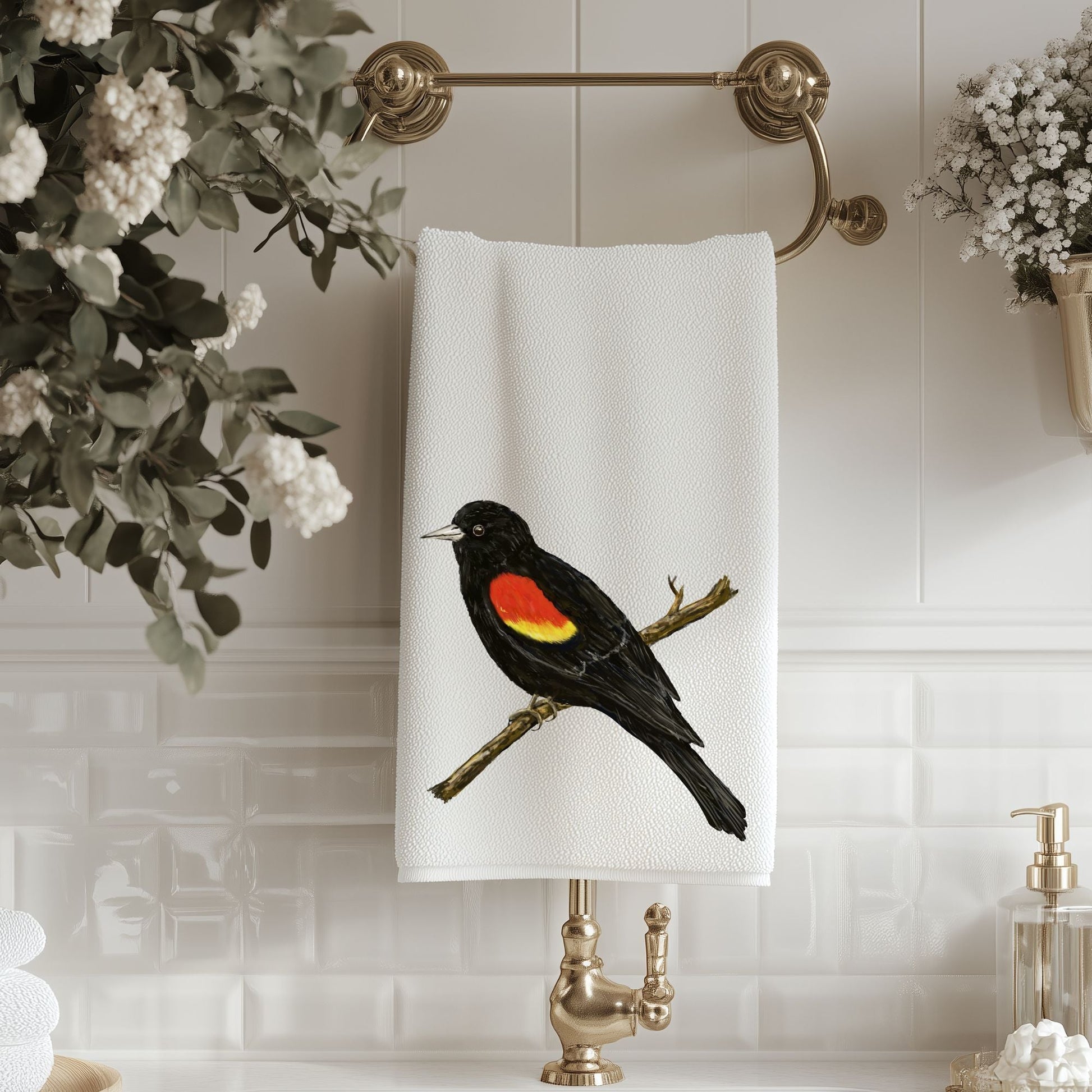 Red - Winged Blackbird Bathroom Towel - MerikaArt