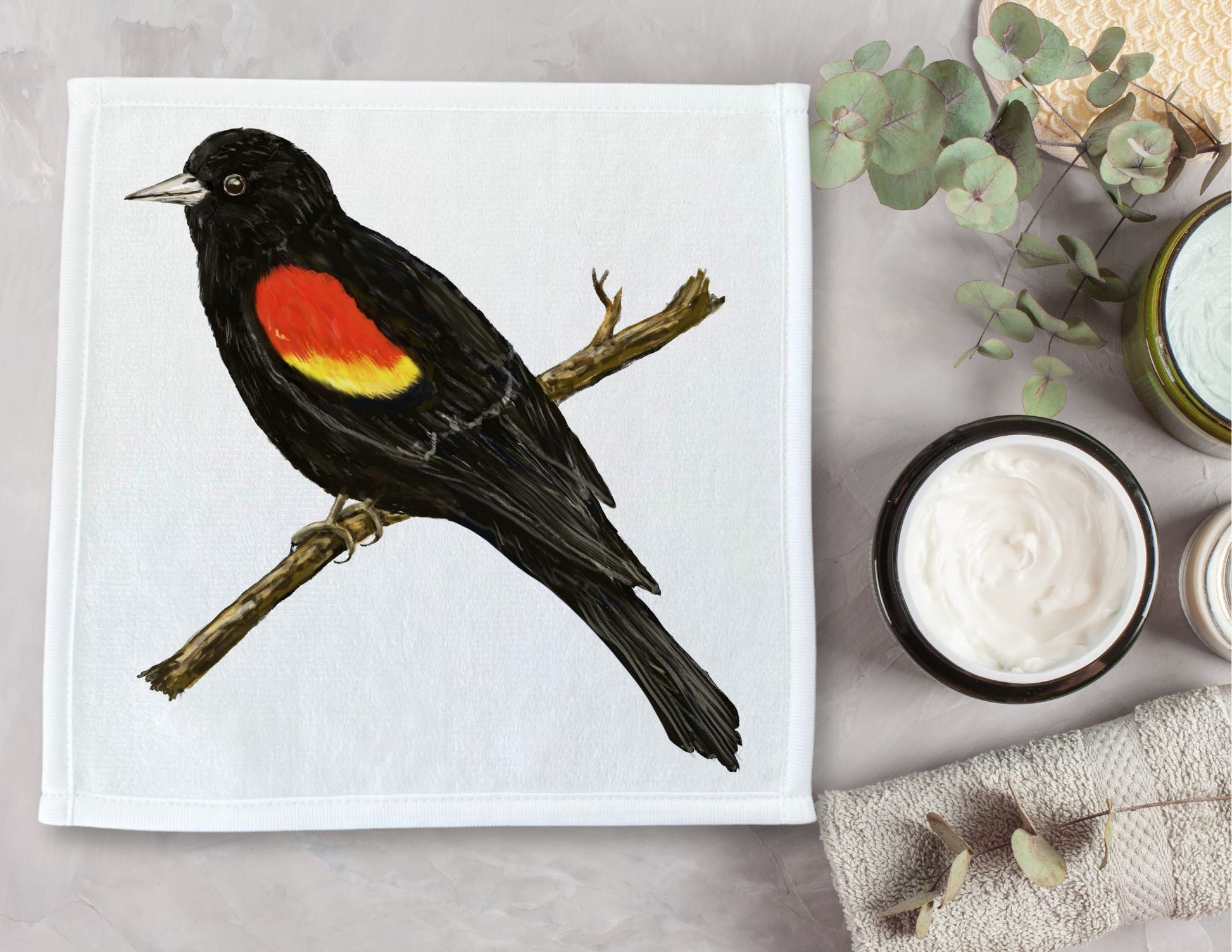 Red - Winged Blackbird Bird Washcloth - MerikaArt