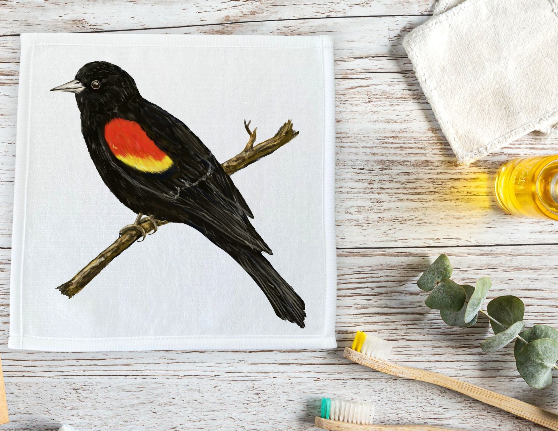 Red - Winged Blackbird Bird Washcloth - MerikaArt