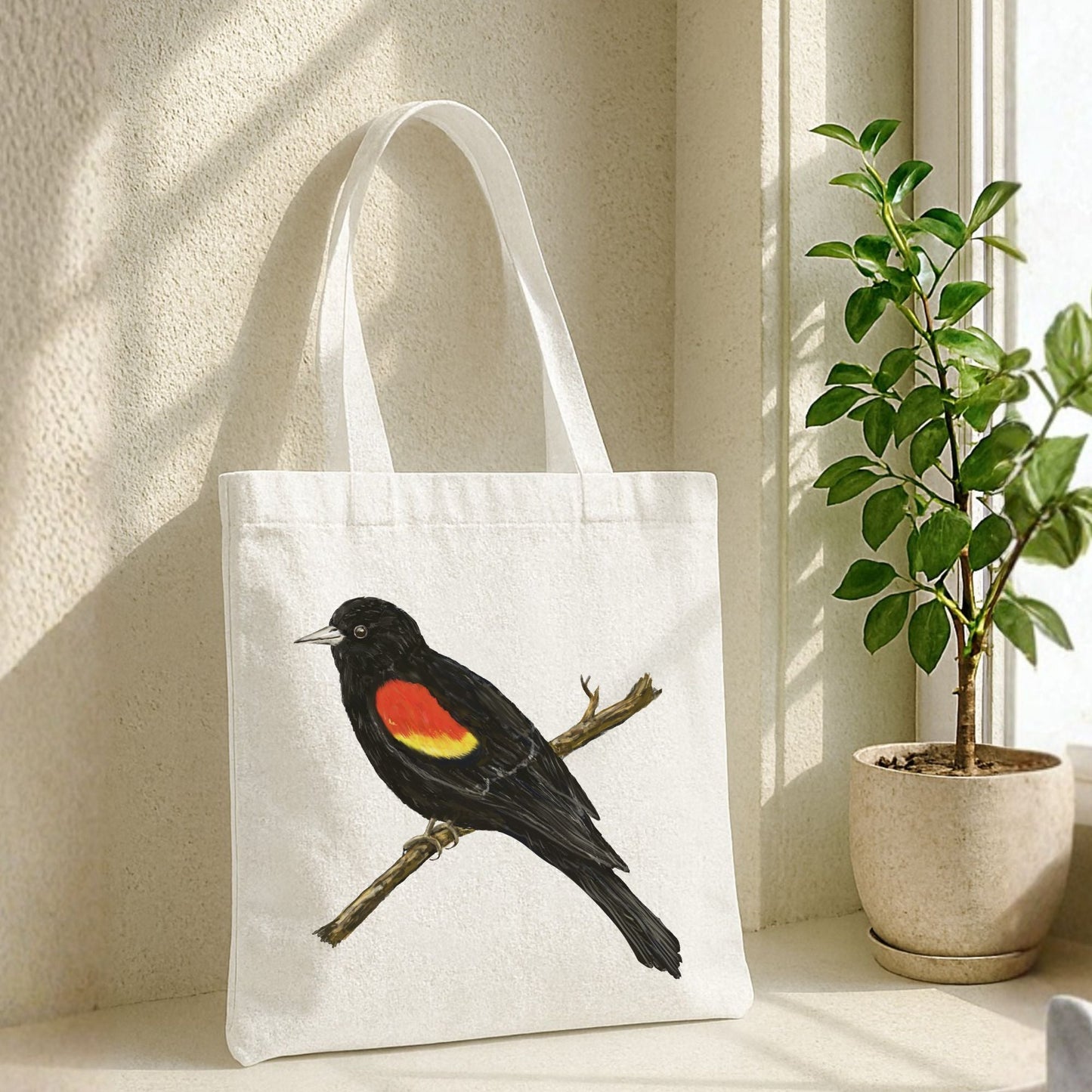 Red Winged Blackbird Canvas Tote Bag - MerikaArt