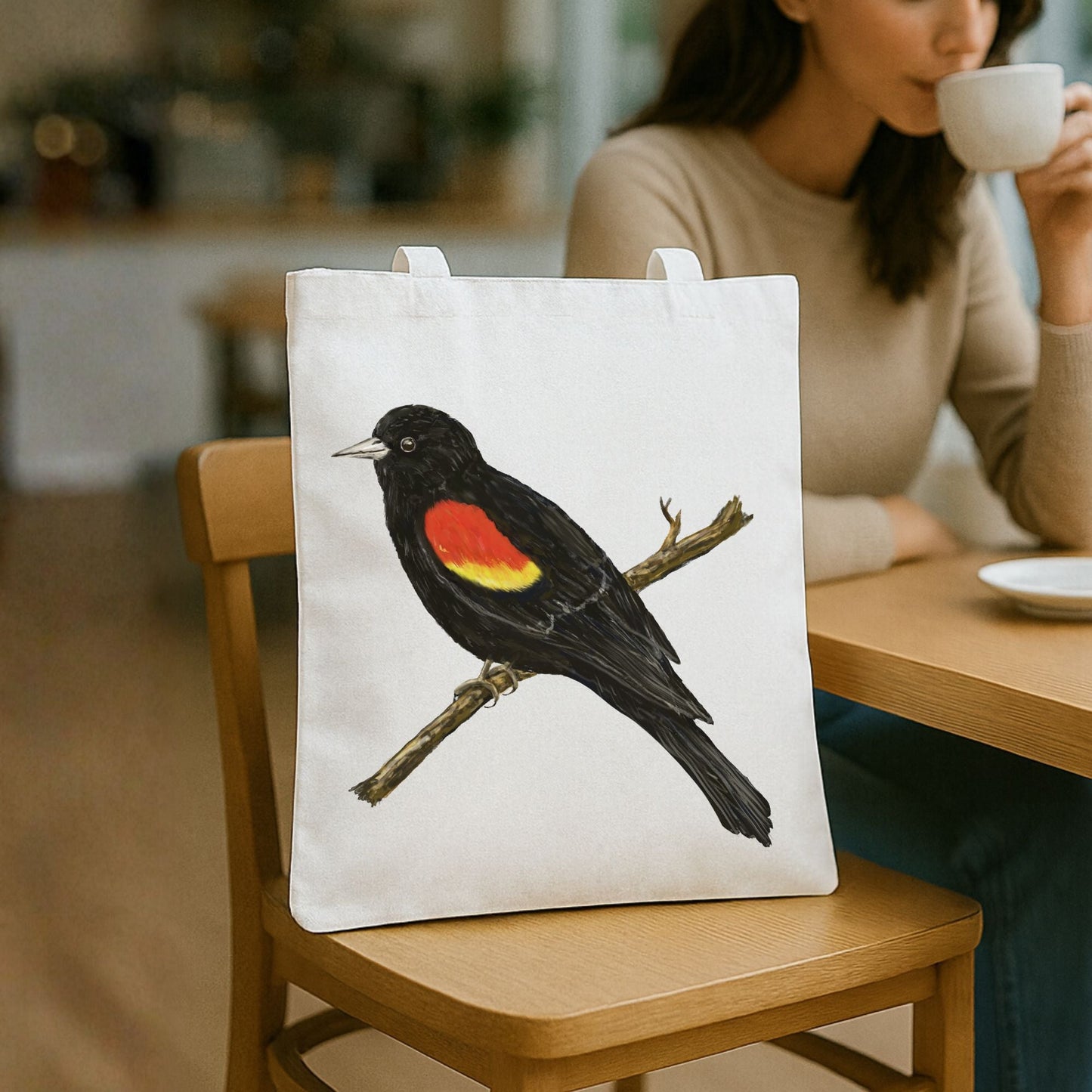 Red Winged Blackbird Canvas Tote Bag - MerikaArt