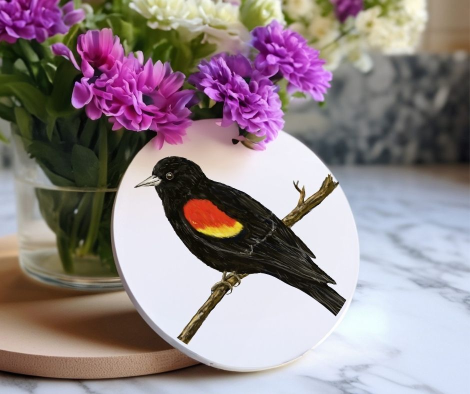Red - Winged Blackbird Ceramic Coaster - MerikaArt
