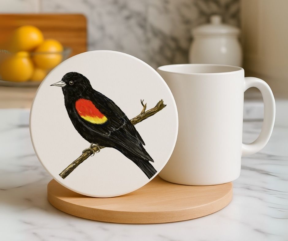 Red - Winged Blackbird Ceramic Coaster - MerikaArt