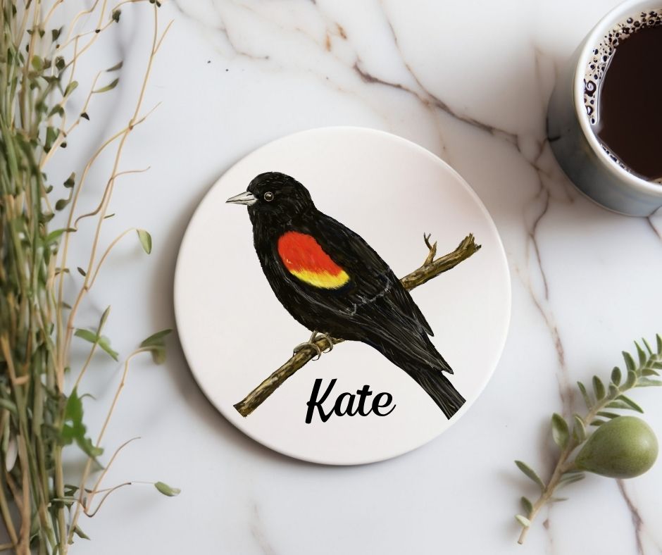 Red - Winged Blackbird Ceramic Coaster - MerikaArt