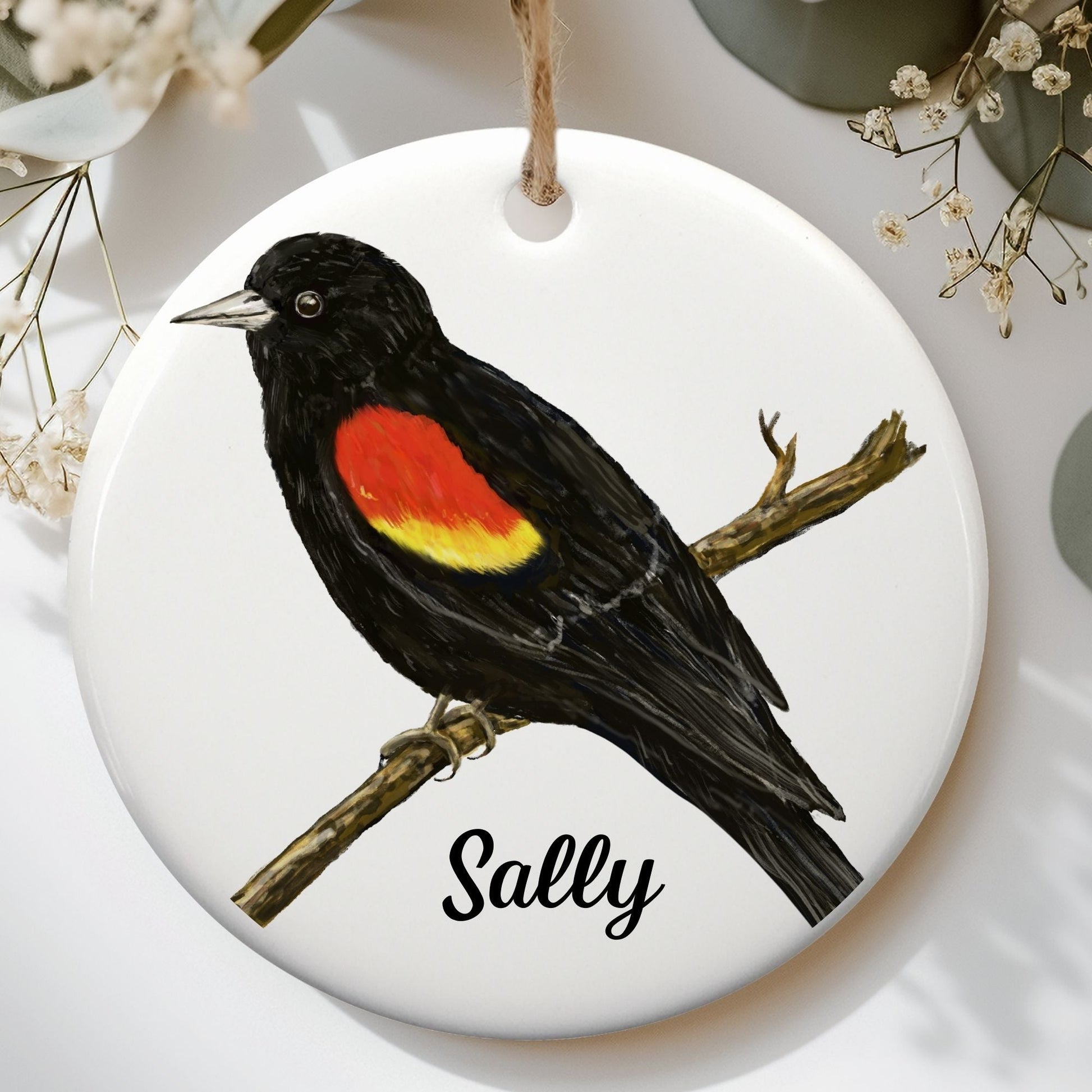 Red - Winged Blackbird Ceramic Ornament - MerikaArt