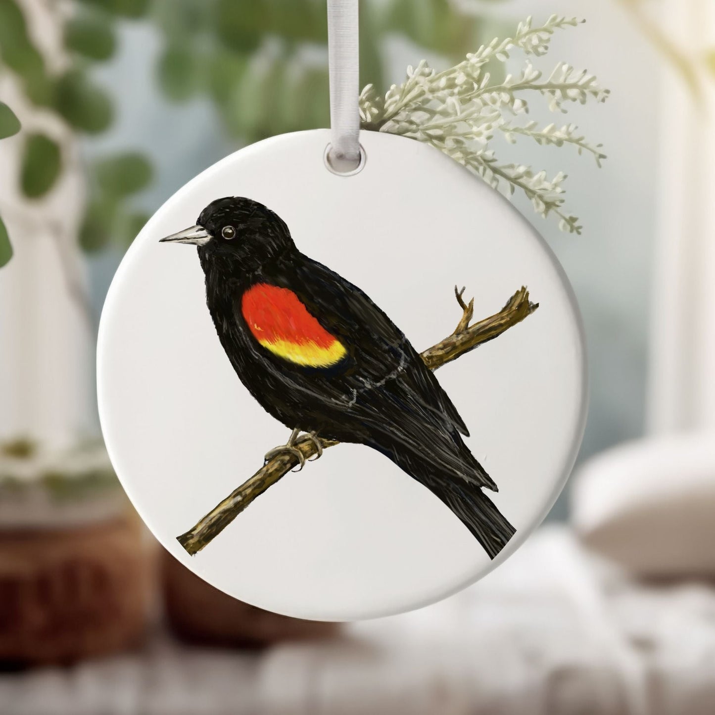 Red - Winged Blackbird Ceramic Ornament - MerikaArt